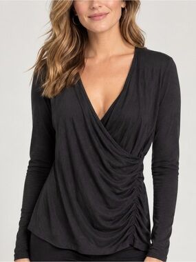 Lucy Black Wrap Ruched Athletic Yoga Top Long Sleeve Deep V Women’s Size M